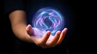Hands holding glowing blue and purple energy sphere with swirling light effects against dark background for futuristic technology and innovation concepts.