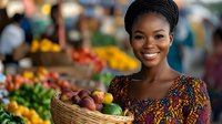 Young African woman with braided hair smiling while holding wicker basket of fresh fruits at colorful outdoor farmers market with vibrant produce displays.