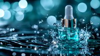 Cosmetic serum bottle with water splash and turquoise bokeh background. Luxury skincare product photography with dynamic liquid motion and glowing lights.