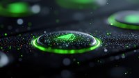 Glowing green neon circles with water drops on dark surface create futuristic abstract background with bokeh effect and scattered light particles.