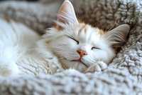 White and ginger cat sleeping peacefully on soft gray blanket, showing content expression with closed eyes and gentle smile, displaying feline relaxation and comfort.