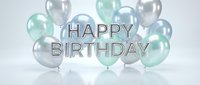 Happy Birthday text in silver metallic letters surrounded by mint green and silver balloons on a white background, perfect for celebration cards.
