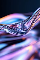 Abstract flowing liquid metal surface with iridescent purple and blue colors creating smooth waves and reflections against dark background.