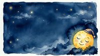 Smiling moon character with closed eyes nestled among fluffy clouds in starry night sky, watercolor style illustration for children's books, nursery decor, and bedtime storytelling content.