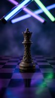 Ornate chess queen piece on futuristic neon-lit board with colorful laser beams creating dramatic cyberpunk gaming atmosphere for strategic concepts.