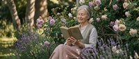 Senior Caucasian woman reading book in blooming rose garden with lavender flowers, peaceful retirement lifestyle outdoor relaxation scene.