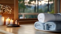 Folded spa towels on wooden surface with glowing candles and decorative flowers creating relaxing wellness atmosphere. Suitable for spa marketing.