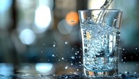 Crystal clear water splashing dynamically into drinking glass with dramatic lighting, bokeh background and water droplets creating energetic motion effect.
