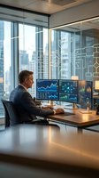 Professional businessman analyzing financial data on multiple monitors in modern office with city skyline view for corporate presentations and reports.
