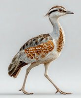 Side profile of elegant great bustard bird with distinctive brown and white plumage, long neck, and slender legs against neutral background for wildlife conservation awareness.