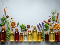 Natural essential oils in glass bottles with herbs spices and dried citrus arranged on white background for aromatherapy wellness and spa treatments.