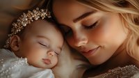 Young Caucasian mother with blonde hair tenderly embraces sleeping biracial baby wearing crystal tiara. Intimate family moment captured in warm golden light.