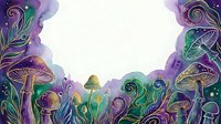 Colorful neon glowing mushrooms and swirling plants with purple and green hues on white isolated background, suitable for design projects and merchandise.