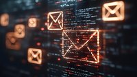 Glowing email icons with digital code in background, representing electronic communication and data transfer in modern technology environment.