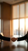 Business handshake between professionals in modern office with warm sunlight streaming through windows creating partnership agreement atmosphere.