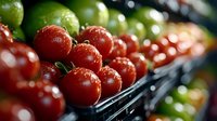 Fresh ripe cherry tomatoes and limes with water drops in grocery store display, macro food photography with selective focus and bokeh effect.