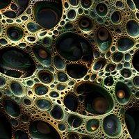 Abstract cellular pattern in dark green and gold tones featuring organic bubble-like structures with metallic edges creating mysterious microscopic appearance.