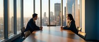Two professional businesswomen having meeting in modern office conference room with city skyline view through floor-to-ceiling windows at sunset.