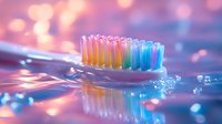 Colorful toothbrush with rainbow bristles on wet surface reflecting pink and blue bokeh lights, creating dreamy dental hygiene composition for health and wellness concepts.