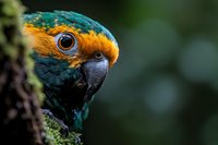 Colorful tropical parrot with vibrant teal and orange plumage perched on moss-covered branch in natural rainforest habitat with soft bokeh background.
