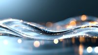 Flowing abstract waves with glowing particles and bokeh lights create dynamic motion against dark background, modern design element for luxury branding.