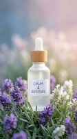 Natural skincare serum bottle with bamboo dropper surrounded by fresh lavender flowers for wellness and aromatherapy spa treatments.