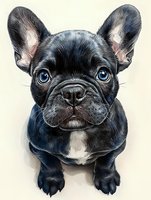 Black French Bulldog puppy with bright blue eyes and white chest marking looking up at camera with sweet expression, artistic pet portrait on light background.
