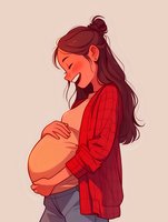 Joyful pregnant Asian woman in red plaid shirt holding her belly, side view illustration showing emotional connection and motherly love during pregnancy period.