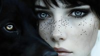 Young woman with pale complexion and freckles gazes directly at camera alongside dark wolf, both sharing striking blue eyes. Surreal portrait for fantasy, wildlife, and supernatural design projects.