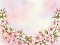 Watercolor cherry blossom frame with pink flowers and green leaves on soft pastel background for spring greeting cards and wedding invitations.