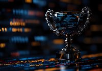 Silver trophy cup on digital background with glowing data and numbers, dramatic lighting creates reflective surface highlighting achievement and success in technology sector.