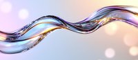 Flowing liquid glass wave with iridescent purple and blue colors against soft pink bokeh background creates elegant abstract composition for luxury designs.