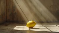 Fresh yellow lemon on wooden surface in dramatic natural sunlight casting geometric shadows through window, moody minimalist food photography.