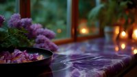 Cozy evening atmosphere with purple flowers and candle lights by window, soft focus romantic setting with petals in bowl creating dreamy ambiance.