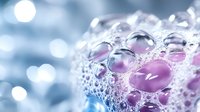 Abstract soap bubbles with purple and pink tones floating against soft blue bokeh background creating dreamy ethereal atmosphere for wellness concepts.