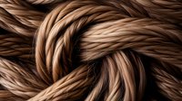 Twisted brown rope macro photography showing detailed texture and patterns of natural fiber strands in artistic composition. Suitable for design backgrounds.