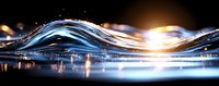 Abstract glowing waves of light and water create dynamic flowing lines against dark background with reflections and bokeh effects.