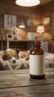 Amber glass bottle with blank label on wooden table in cozy veterinary clinic with sleeping dog in background for pet care and medicine branding.