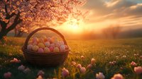 Woven basket filled with pastel Easter eggs in blooming spring meadow at sunset, pink tulips and cherry blossoms create magical seasonal atmosphere.