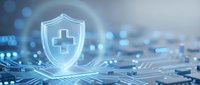 Digital healthcare security shield with medical cross symbol floating above futuristic circuit board technology background for cybersecurity applications.