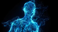 Digital human silhouette made of glowing blue particles and data streams on dark background for technology and artificial intelligence concepts.