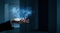 Businessman hand holding digital holographic globe with network connections and data visualization for global technology and business solutions.