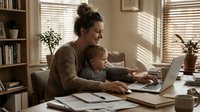 Young Caucasian mother working from home office while holding baby, multitasking parent balancing career and childcare in cozy domestic workspace.