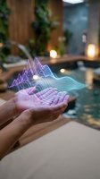 Hands holding holographic data visualization with neon wireframe mountains floating above palms in modern spa setting with ambient lighting and bokeh effects.
