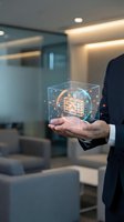 Businessman in dark suit holding holographic cube displaying digital building and network data in modern office environment with warm lighting.