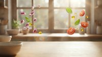Fresh vegetables floating in mid-air above wooden kitchen counter with natural sunlight streaming through window creating dynamic culinary scene.