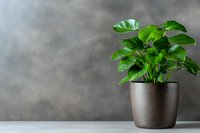 Monstera deliciosa plant with vibrant green leaves in modern dark pot against concrete wall background, minimalist home decor on white surface.
