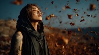 Young Asian woman with tattoos in dark clothing standing against dramatic sky with autumn leaves blowing in wind, eyes closed in contemplative moment.