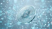 Digital bitcoin cryptocurrency coin floating in futuristic cyber space with glowing particles and network connections for blockchain technology concepts.