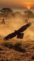 Black eagle soaring over golden savanna landscape at sunset with dust clouds, acacia trees, and termite mounds in African wilderness during golden hour.
